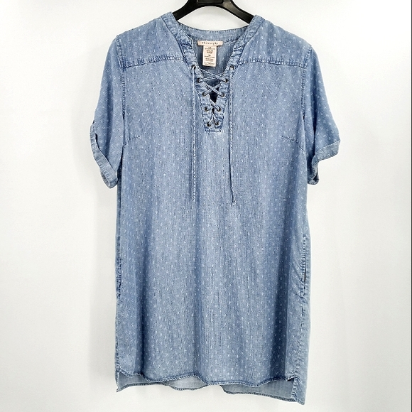 Philosophy Tops - PHILOSOPHY Lace Up Split Neck Micro Print Tencel Chambray  Tunic Pockets XXL